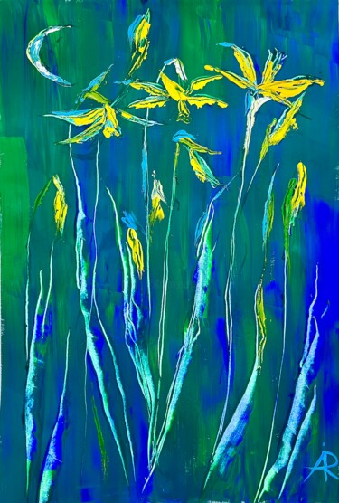 Painting titled "NIGHT DAFFODILS ON…" by Ira Popovych, Original Artwork, Gouache