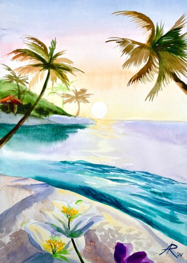 Painting titled "Bali Beach Sunset" by Ira Popovych, Original Artwork, Watercolor