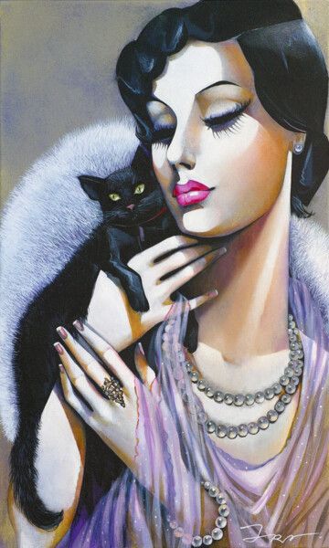 Painting titled "Lady with Black Cat…" by Ira Tsantekidou, Original Artwork, Acrylic