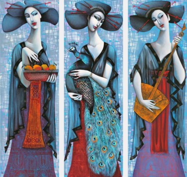 Ζωγραφική με τίτλο "Three Geischas" από Ira Tsantekidou, Αυθεντικά έργα τέχνης, Ακρυλικό