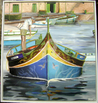 Painting titled "Le pêcheur" by Iracéma Lambotte (ira), Original Artwork, Oil Mounted on Wood Stretcher frame