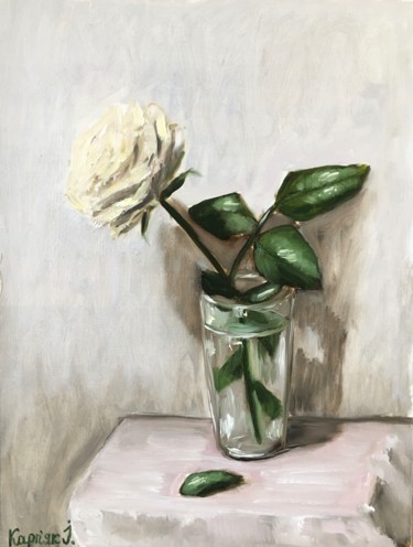 Painting titled "white rose" by Iryna Karpiak, Original Artwork, Oil