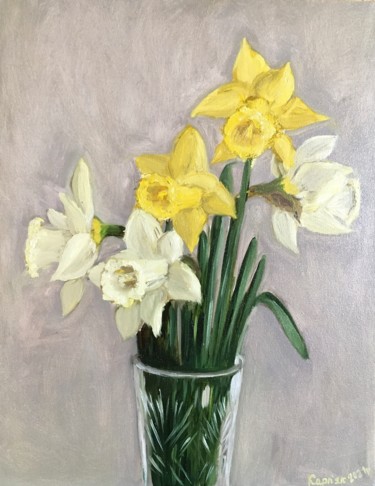 Painting titled "daffodils in a vase" by Iryna Karpiak, Original Artwork, Oil