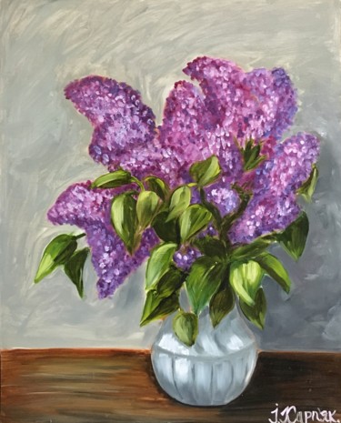 Painting titled "lilac in a vase" by Iryna Karpiak, Original Artwork, Oil