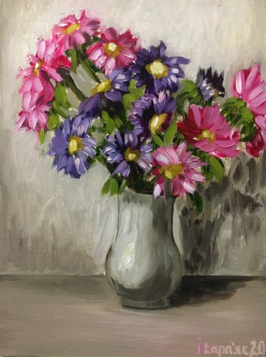 Painting titled "mother's asters" by Iryna Karpiak, Original Artwork, Oil