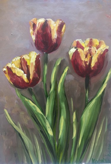Painting titled "red tulips" by Iryna Karpiak, Original Artwork, Oil