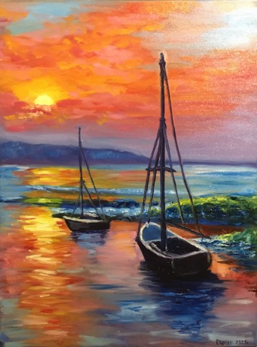 Pittura intitolato "sea ​​sunset" da Iryna Karpiak, Opera d'arte originale, Olio