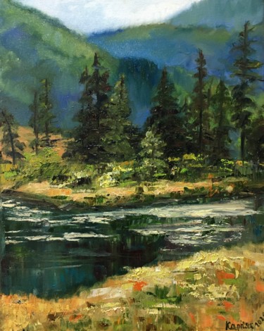 Painting titled "forest river" by Iryna Karpiak, Original Artwork, Oil