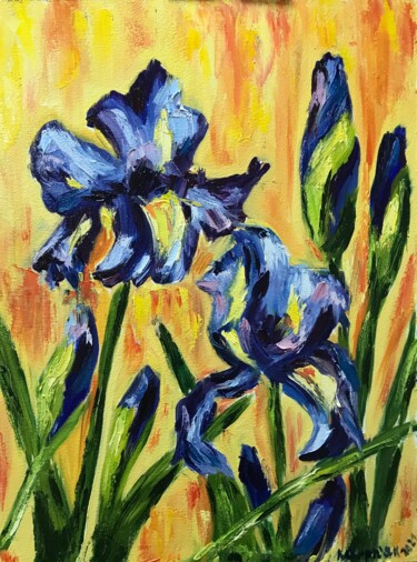 Painting titled "Flowers irises" by Iryna Karpiak, Original Artwork, Oil