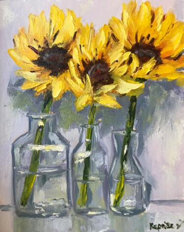 Painting titled "sunflowers in jars" by Iryna Karpiak, Original Artwork, Oil