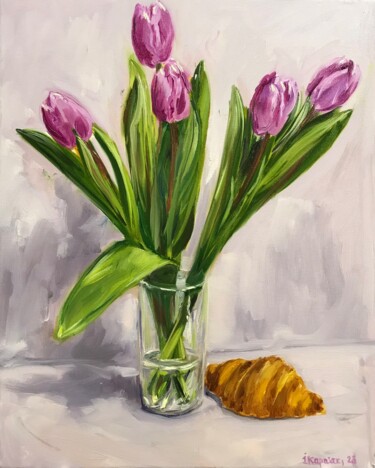 Painting titled "tulips and croissant" by Iryna Karpiak, Original Artwork, Oil