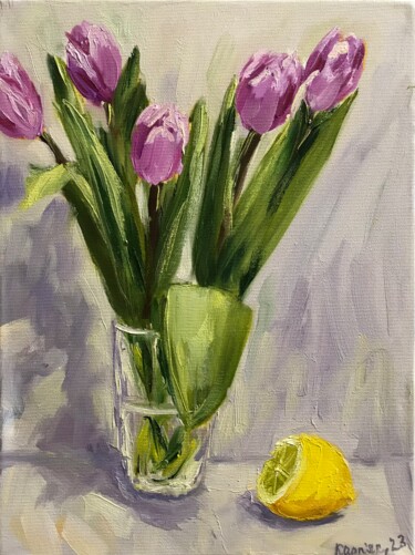 Картина под названием "tulips and lemon" - Iryna Karpiak, Подлинное произведение искусства, Масло