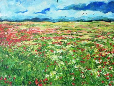 Painting titled "Birds on fields" by Obchelli, Original Artwork, Oil