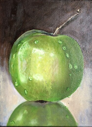 Painting titled "Green Apple. Still…" by Ira Whittaker, Original Artwork, Oil Mounted on Wood Stretcher frame