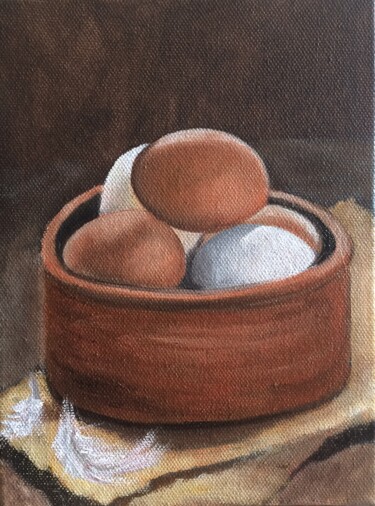 Painting titled "Still life with eggs" by Ira Whittaker, Original Artwork, Oil Mounted on Wood Stretcher frame