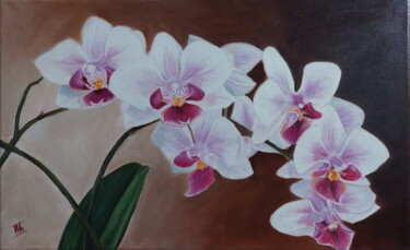 Painting titled "Pink orchid" by Ira Whittaker, Original Artwork, Oil Mounted on Wood Stretcher frame