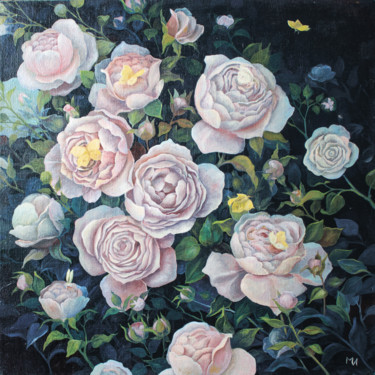 Painting titled "Розы и лимонницы" by Irina Mironets, Original Artwork, Oil