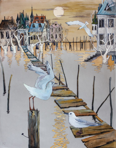 Painting titled "Gulls №1" by Irina Mironets, Original Artwork, Digital Print Mounted on Wood Stretcher frame