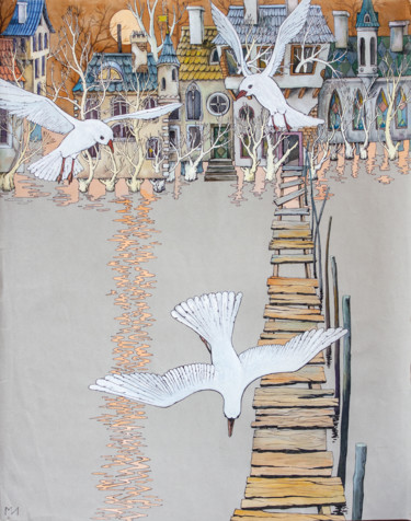 Painting titled "Gulls №2" by Irina Mironets, Original Artwork, Digital Print Mounted on Wood Stretcher frame