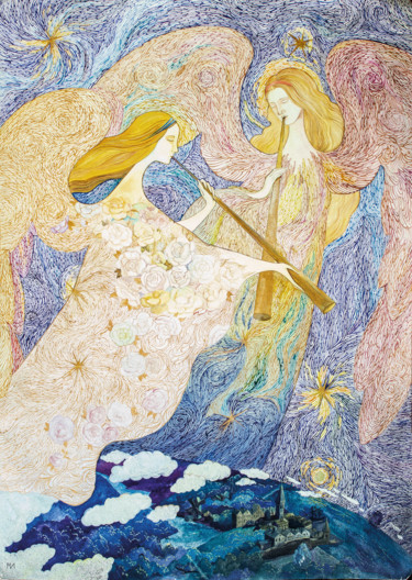 Malerei mit dem Titel "Ангелы трубящие" von Irina Mironets, Original-Kunstwerk, Aquarell