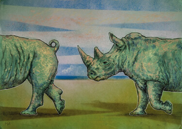 Peinture intitulée "Два носорога" par Irina Mironets, Œuvre d'art originale, Pastel Monté sur Carton