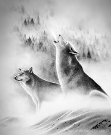 Drawing titled "Le Chant des Loups" by Iren'Art Painting, Original Artwork, Graphite