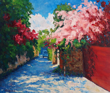 Painting titled "Backstreet with flo…" by Irena Heinz, Original Artwork, Oil Mounted on Wood Stretcher frame