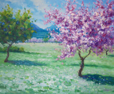 Painting titled "Spring landscape in…" by Irena Heinz, Original Artwork, Oil Mounted on Wood Stretcher frame