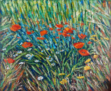 Painting titled "Poppies and marguer…" by Irena Heinz, Original Artwork, Oil Mounted on Wood Stretcher frame