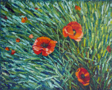 Painting titled "Three red poppies" by Irena Heinz, Original Artwork, Oil Mounted on Wood Stretcher frame