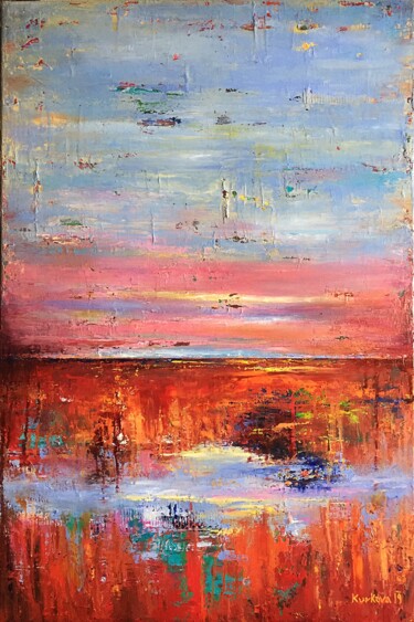 Schilderij getiteld "Autumn Lake" door Irena Kurka, Origineel Kunstwerk, Olie Gemonteerd op Frame voor houten brancard