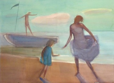 Painting titled "Evening at the sea" by Irena Luse, Original Artwork, Watercolor