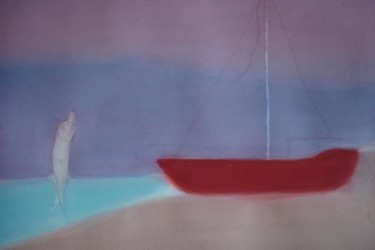 Painting titled "Red boat" by Irena Luse, Original Artwork, Watercolor