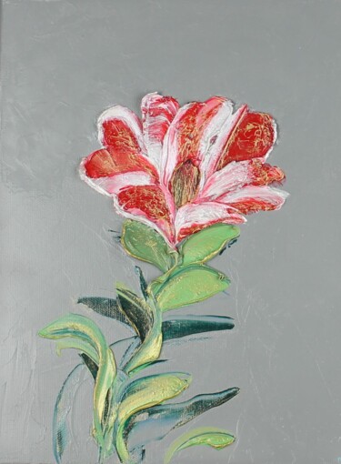 Painting titled "Flower Red 3" by Irene Ba, Original Artwork, Oil Mounted on Wood Stretcher frame