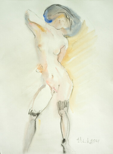 Painting titled "YOUNG GIRL IN THE M…" by Irene Bibik-Chkolian, Original Artwork, Watercolor