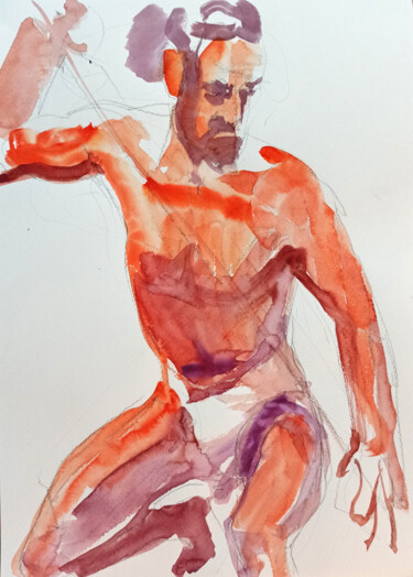 Картина под названием "Nude male athlete #2" - Irene Bibik-Chkolian, Подлинное произведение искусства, Акварель
