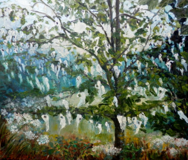 Painting titled "The Dove Tree" by Irene Butcher, Original Artwork, Oil