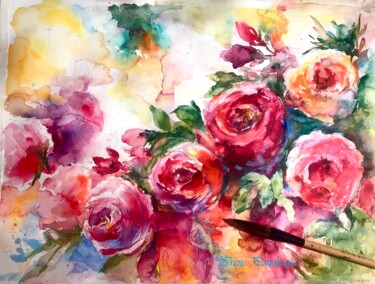 Malerei mit dem Titel "Red roses" von Irene Postolnaya, Original-Kunstwerk, Aquarell