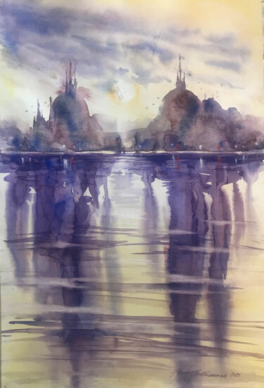 Painting titled "The city cast purpl…" by Irene Postolnaya, Original Artwork, Watercolor