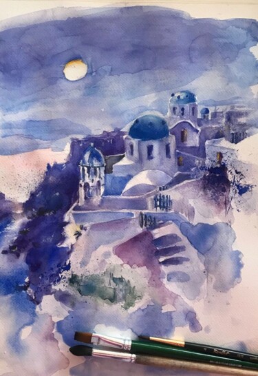 Malerei mit dem Titel "Santorini. Love for…" von Irene Postolnaya, Original-Kunstwerk, Aquarell