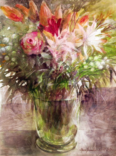 Malerei mit dem Titel "Flowers" von Irene Vlassova, Original-Kunstwerk, Aquarell