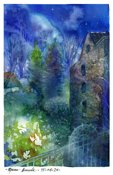 Painting titled "Garden at night" by Irene Vlassova, Original Artwork, Watercolor