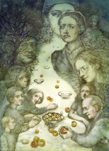 Desenho intitulada "Dining table" por Irene Vlassova, Obras de arte originais, Tinta