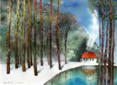 Pittura intitolato "Winter landscape." da Irene Vlassova, Opera d'arte originale, Acquarello