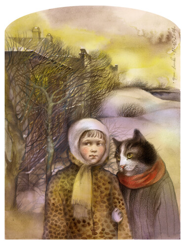 Peinture intitulée "My cat, me and my n…" par Irene Vlassova, Œuvre d'art originale, Autre