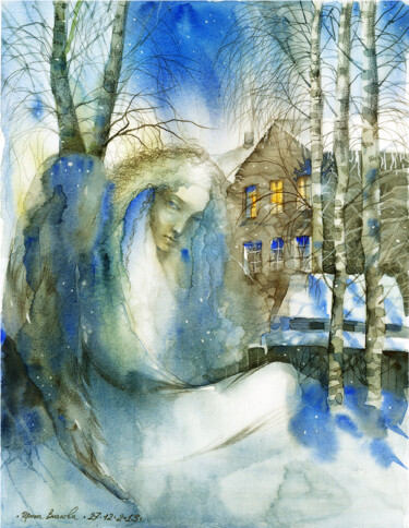 Painting titled "Winter landscape" by Irene Vlassova, Original Artwork, Watercolor