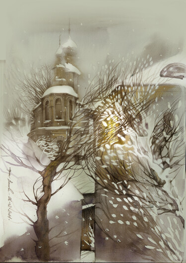 Painting titled "Last winter days" by Irene Vlassova, Original Artwork, Watercolor