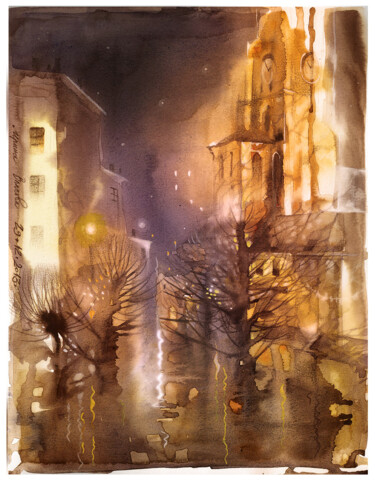 Schilderij getiteld "Avond in de Stad" door Irene Vlassova, Origineel Kunstwerk, Aquarel
