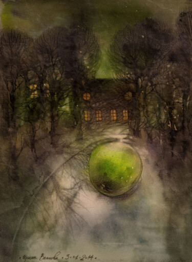 Картина под названием "A big green apple." - Irene Vlassova, Подлинное произведение искусства, Акварель