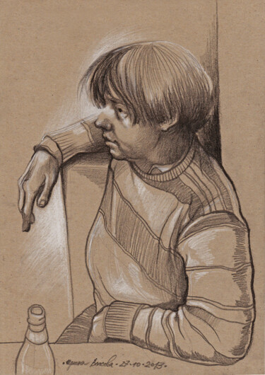 Drawing titled "La buveuse de bière" by Irene Vlassova, Original Artwork, Pencil